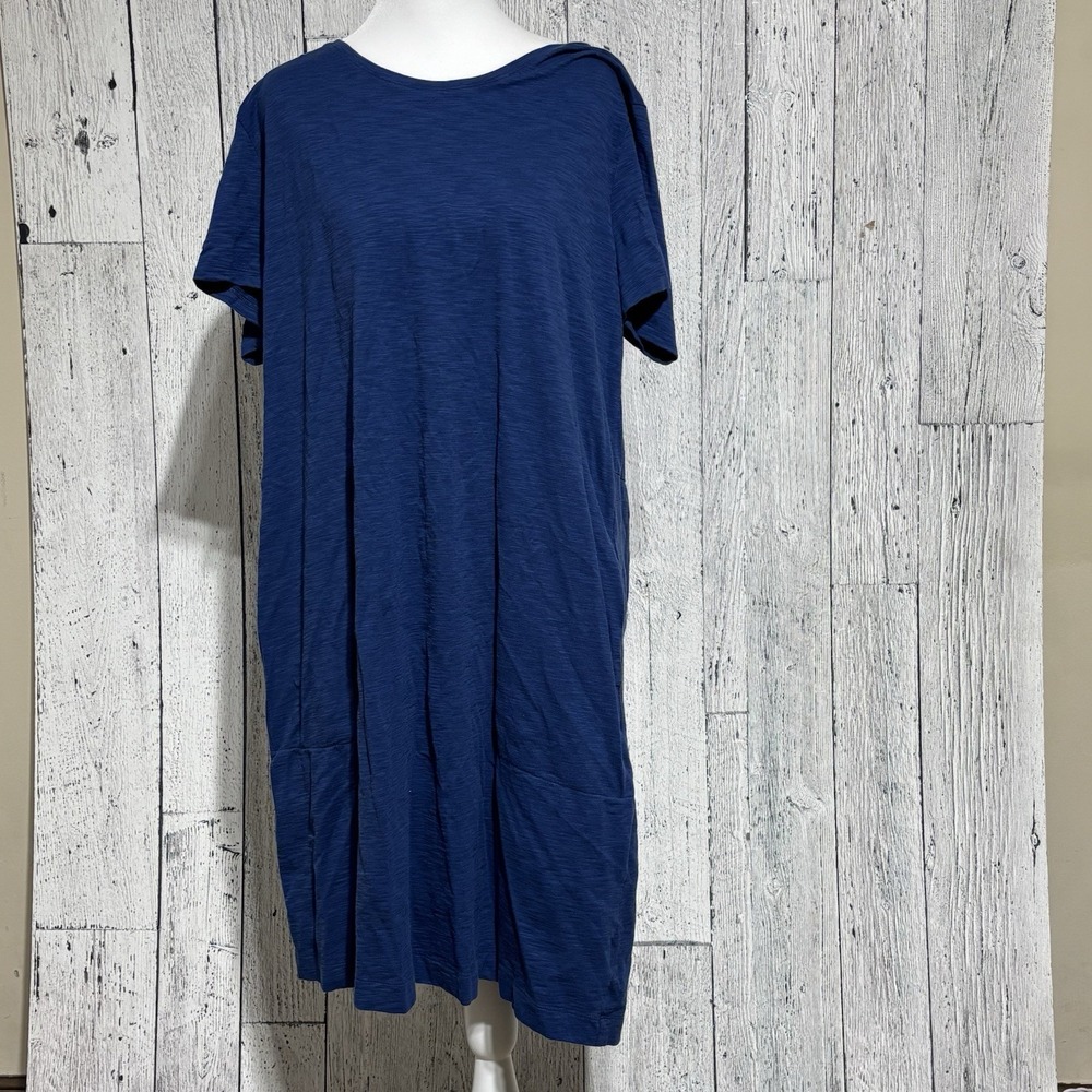 Duluth Trading Co Blue Slub Knit Y-shirt Dress Size XL Back Ruching Pleat Pocket